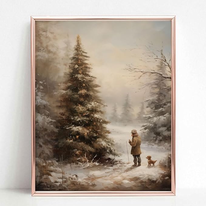 Christmas Vintage Painting Print Winter Rustic Wall Art Farmhouse Christmas Holiday Decor Print Country Christmas Wall Art