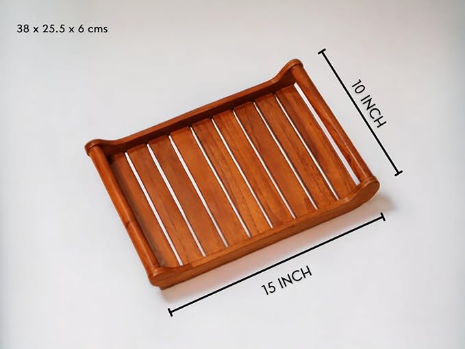 Vesta Homes Large Teak Wood Serving Tray for Home, Kitchen, Breakfast, Restaurant, Office Organizer, Dining Table | Premium wooden Trays |15*10*2.25 Inches | Handmade in India