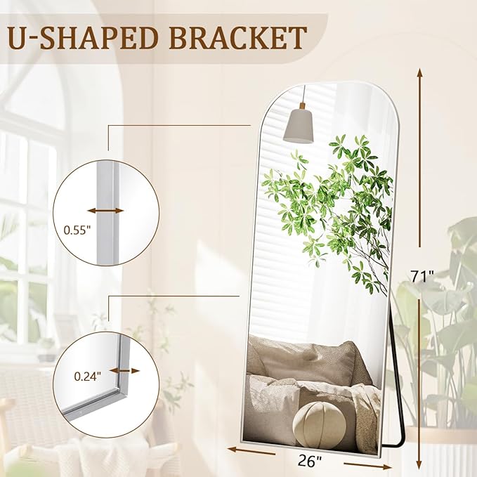 Koonmi Full Length Mirror, 71"x26" Mirror Full Length with Stand, Silver Domed Top Square-Edged Floor Mirror with Aluminum Alloy Frame for Bedroom Living Room