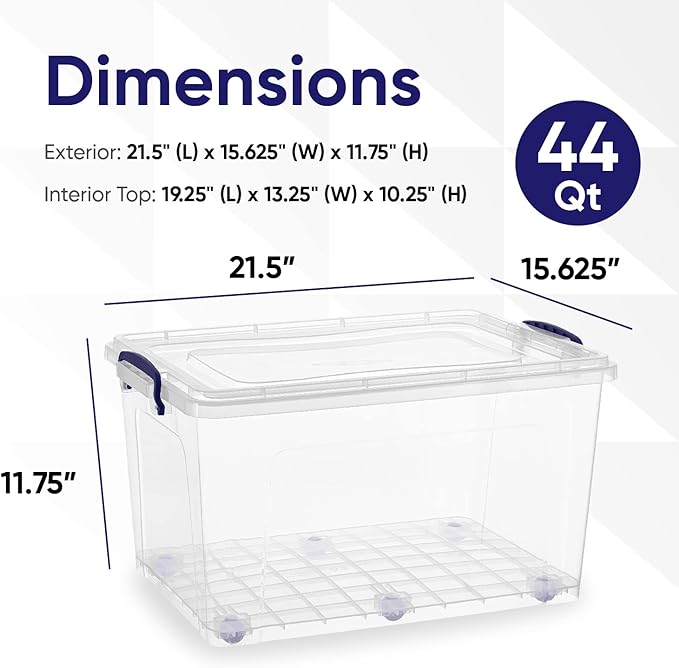Superio Storage Containers With Wheels (3 Pack), Stackable Large Storage Containers With Lids, Durable Latches (44 Quart)