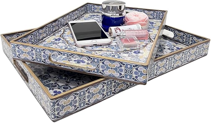 Boho Decorative Tray, Modern Blue Serving Tray with Handles, Ottoman Trays Set of 2, Plastic Coffee Table Tray for Living Room, Bathroom, Kitchen, Decor, Large 15.7”*11.8”, Small 13.7"*9.8"