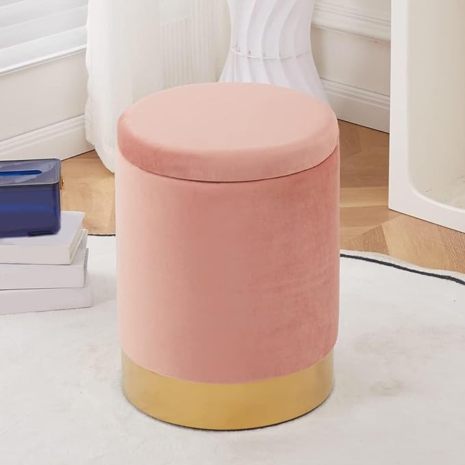 Mxfurhawa Velvet Storage Ottoman Multipurpose Footrest Stool with Metal Base Modern Round Vanity Stool Chair Ottoman Foot Stools Support 300 lbs Padded Seat for Living Room (Soybean red)