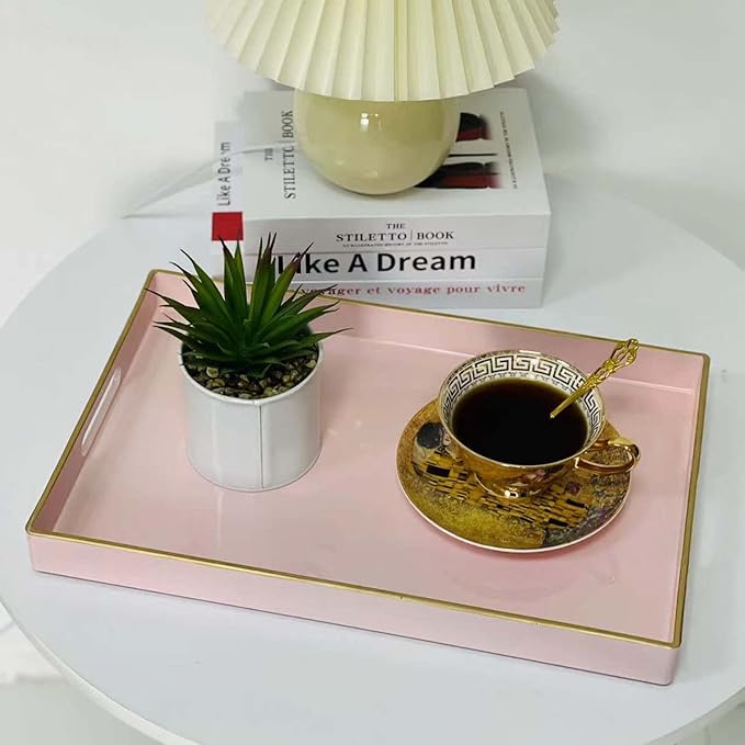 Zosenley Decorative Tray, Rectangular Plastic Tray with Handles, Modern Vanity Tray and Serving Tray for Bathroom, Kitchen, Ottoman and Coffee Table, 15.6” x 10.2” (Pink)