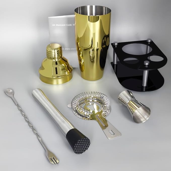 Cocktail Shaker Bartender Kit: 5 Piece Bar Tool Set, Cocktail Shaker Set with Stand, Drink Mixing Includes Martini Shaker,Strainer,Jigger,Bar Mixer Spoon,Muddler ﻿ (Gold, 750ml(25oz))