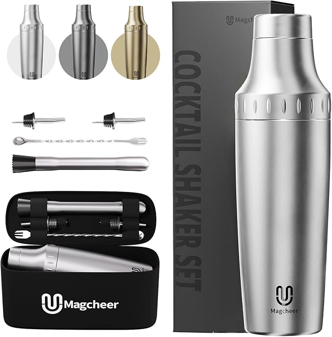 Hybrid Cocktail Shaker Set | Vacuum Insulated Stainless Steel Martini Shaker with Strainer & Jigger Lid | Travel Cocktail kit with Bartender Accessory Tools | 30oz | Silver