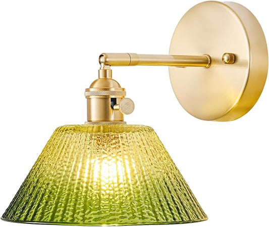 Hardwired Wall Sconce Light, Vintage Wall Sconce with Switch, Gold Wall Light Fixture with Gradient Green Glass Lampshade, Indoor Wall Light for Bedroom Bathroom, Bedside Wall Lamp