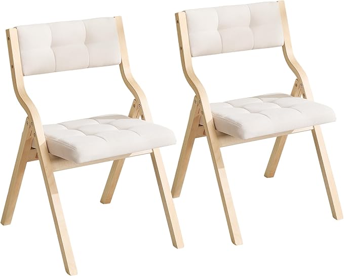 2-Pack Folding Dining Chairs with Cushion,Padded Foldable Dining Chairs,Portable Wooden Folding Chairs for Dining Rooms Kitchen Wedding and Party Indoor Beige