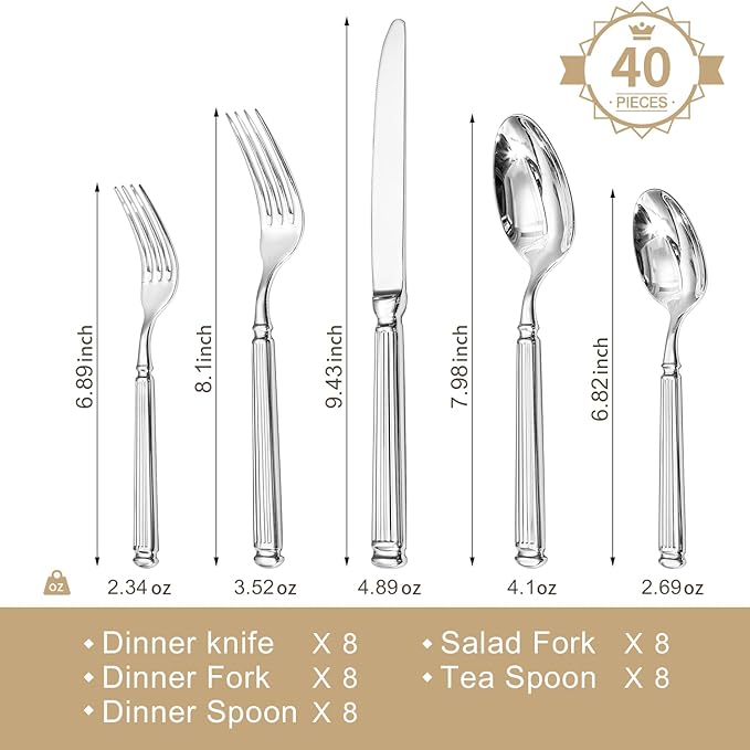 KINGSTONE Silverware Set, 40-Piece 18/10 Stainless Steel Flatware Set - Roman Column Embossed Thick Handle, for Wedding, Home, Restaurant, Kitchen and Party, Mirror Polish & Dishwasher Safe