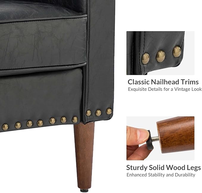 HULALA HOME Faux Leather Accent Armchairs Set of 2 with Back & Seat Cushions, Traditional Club Chairs with Nailhead Trim, Comfy Upholstered Sofa Chairs for Living Room Bedroom, Black