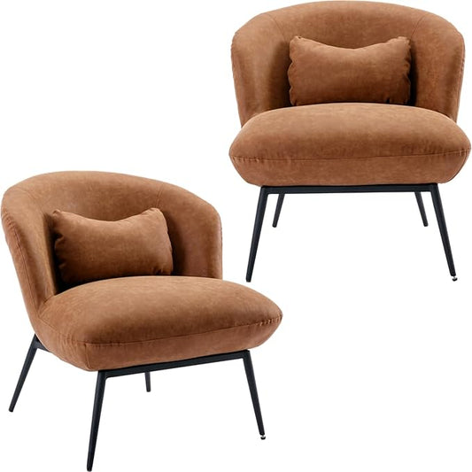 Modern Accent Chair Set of 2, Upholstered PU Leather Side Chair Guest Chair with Small Pillow Black Metal Legs, Comfy Lounge Chair for Living Room Bedroom, Brown