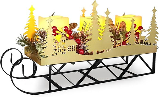 Christmas Sleigh Table Centerpieces Decorations, Xmas Gold Cut-Out Tree Sleigh LED Candle Candelabrum with Timer Holiday Candle Holder for Home Party Table Mantel Decoration