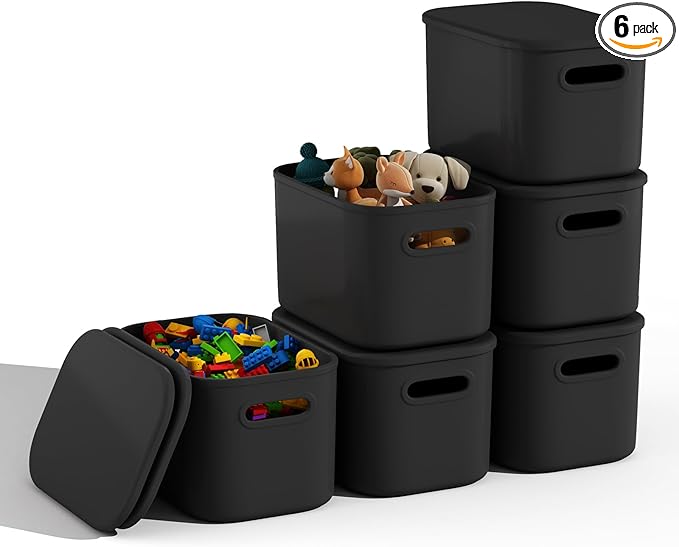 6 Pack Black Storage Bins with Lids for Shelves, Plastic Storage Containers with Lids for Organizing, Stackable Storage Boxes with Handle, Black Storage Bins for Classroom, Craft, Snacks