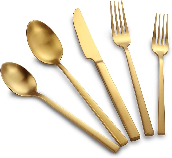 Stainless Steel Flatware Set Hand Forged 18/10 Silverware Set Cutlery Set Gold Cuboid Handle Matte Finished 60 Pieces Service for 12