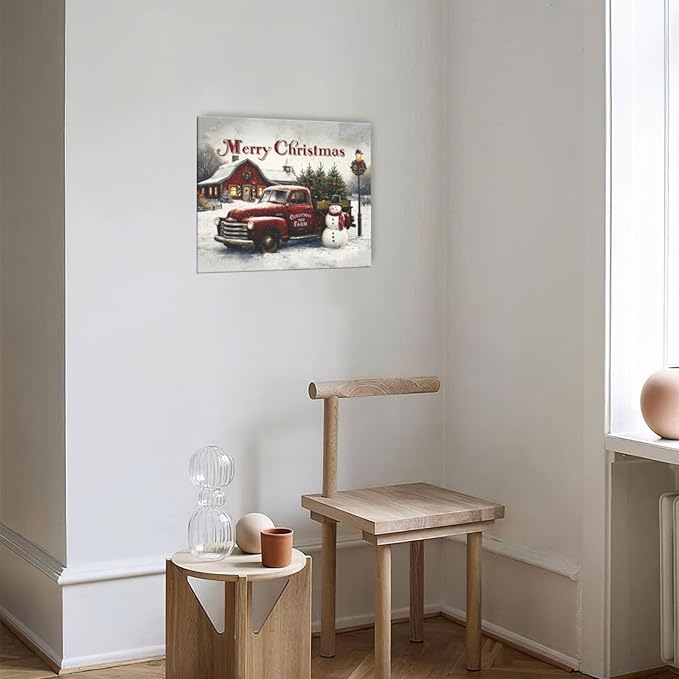 Christmas Pick-Up Truck Wall Art Christmas Tree Canvas Wall Decor Farm Barn Pictures Paintings Prints Snowman Artwork Framed Winter Holidays Decorations For Bathroom Bedroom Living Room Office Gifts 24" x 20"