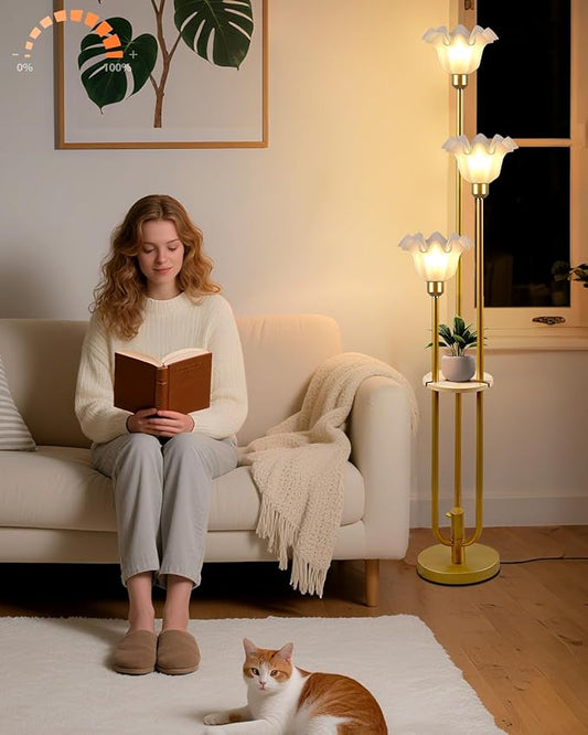 Lightdot Flower Floor Lamp for Living Room, Dimmable Vintage Floor Lamp with Shelf &3 LED Bulbs, 3 Light 3000K Soft Warmwhite Mid Century Gold Standing Lamp, Floral Tall Lamp for Bedroom Office