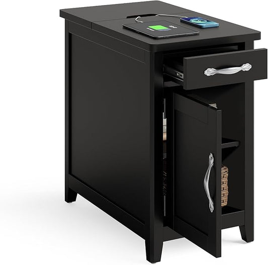 LINSY HOME Farmhouse End Table with Charging Station, Narrow Side Table for Living Room, Sofa Side Table with Drawer and Storage Cabinet, Small Nightstand for Home Office