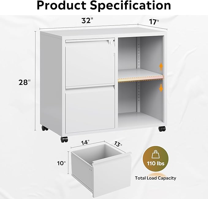 DEVAISE Metal Lateral File Cabinet with Lock, 2 Drawer Mobile Filing Cabinet with Shelf, Rolling Printer Stand fits Letter/A4 Size for Home Office, White