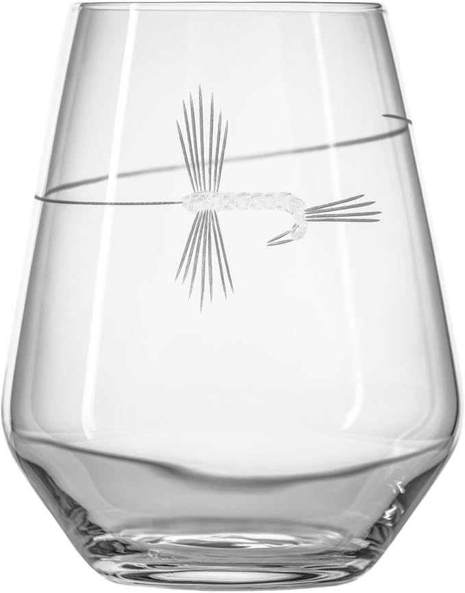 Rolf Glass | Fly Fishing Stemless Wine Tumbler 18 ounce | Stemless Wine Glasses | Set of 4 | Lead-Free Glass | Engraved Tumbler Glasses | Made in the US