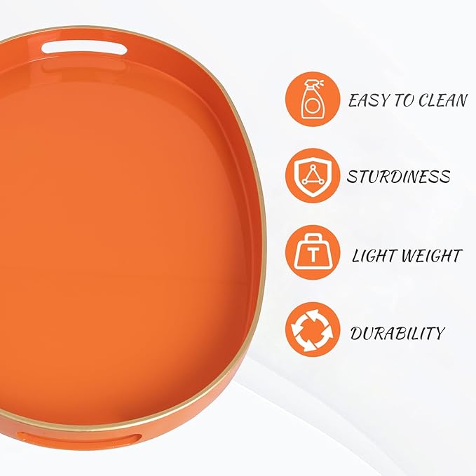 MAONAME Orange Decorative Tray, Oval Serving Tray with Handles, Plastic Tray for Coffee Table, Ottoman Trays for Living Room, Bathroom, 15.6" X 10.6" X 1.4"