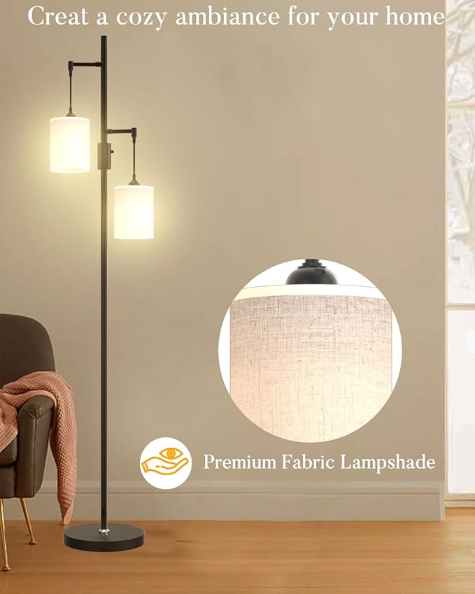 65IN Dimmable (Brightness Adjustable) Tree Floor Lamp, Mid Century Tall Standing Lamps with 2 E26 3000K LED Bulbs, Fabric Shades, Industrial Modern Floor Lamp for Living Room Bedroom