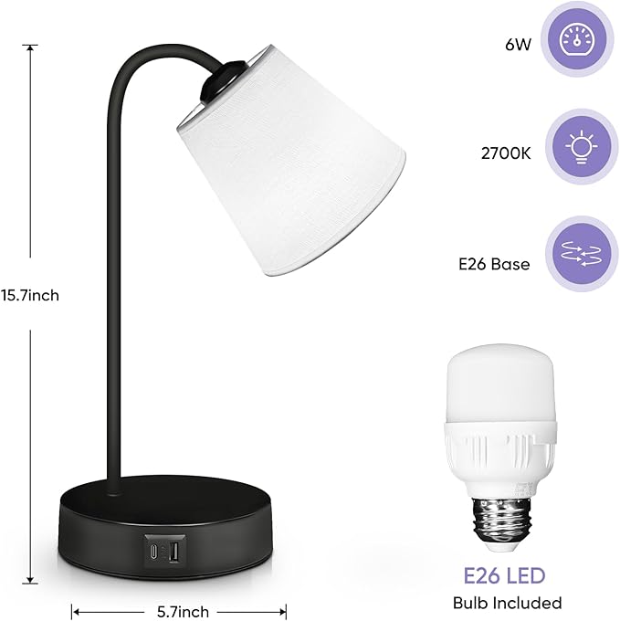 Touch Table Lamps for Bedroom,3 Way Dimmable Bedside Lamp for Nightstand with USB C+A Ports and Outlet,360°Adjustable Desk Lamp with Fabric Shade for Living Room,Home,Office