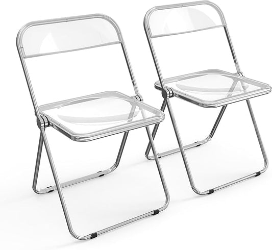 VINGLI Acrylic Folding Chairs 2 Pack, Clear Chair Foldable and Stackable, Plastic Panel & Metal Chrome Frame, Weight Capacity 350 lbs, Transparent