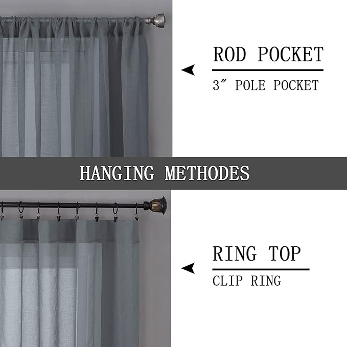 Tollpiz Sheer Curtain Linen Textured Bedroom Curtains Sheer Light Filtering Rod Pocket Voile Curtain for Living Room, 54 x 95 inches Long, Dark Grey, Set of 2 Panels