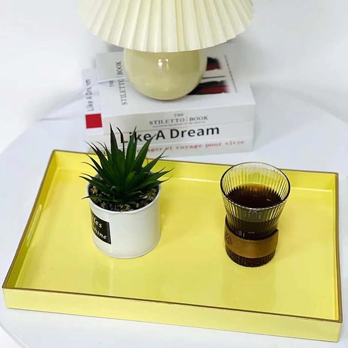 Zosenley Decorative Tray, Rectangular Plastic Tray with Handles, Modern Vanity Tray and Serving Tray for Bathroom, Kitchen, Ottoman and Coffee Table, 15.6" x 10.2"(Light Yellow)