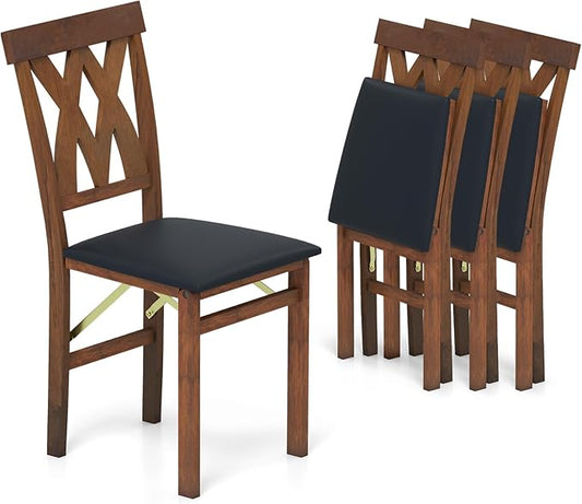 GOFLAME Folding Dining Chairs Set of 4, Foldable Kitchen Chairs with PVC Leather Padded Seat and Rubber Wood Frame, Elegant Hollowed Backrest, Wooden Dinner Chair Set for Dining Room, Walnut