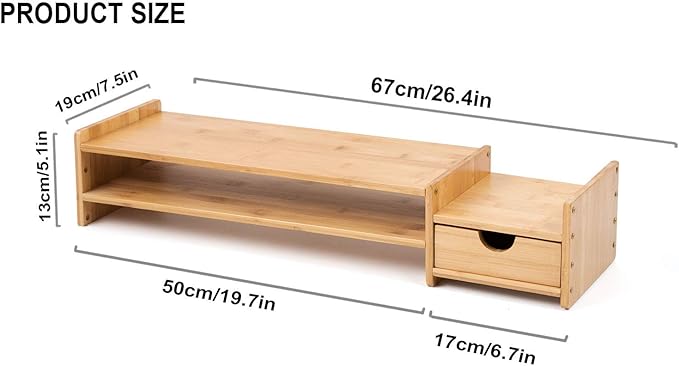 Monitor Stand Riser Desk Organizer-Bamboo 2 Tier Laptop Stand With Drawers, Adjustable Desktop Storage Organizer For Computer, Printer, Cellphone-Use In Office,Home /Reduce Neck &Eye Strain(Basic)