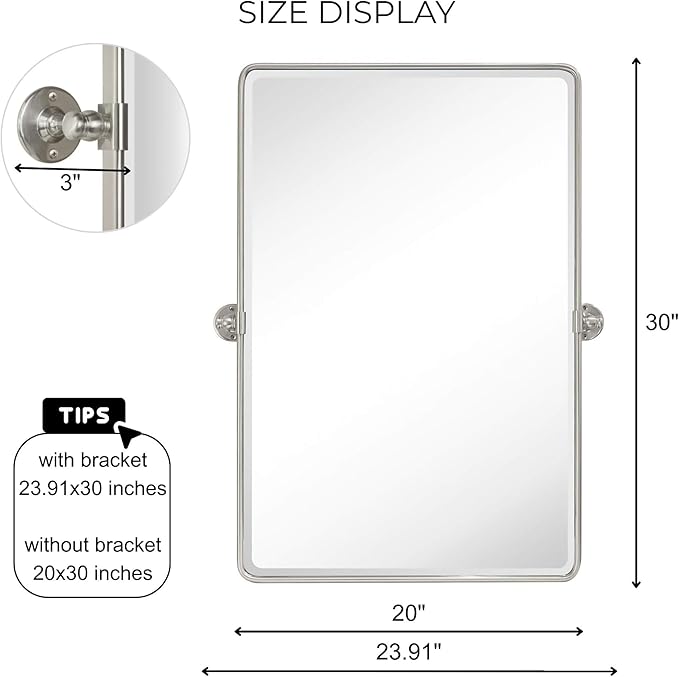 Farmhouse Pivot Rectangle Bathroom Mirror Brushed Nickel Metal Framed Tilting Beveled Vanity Mirrors for Wall, Overall 23.91 x 30 inches (Mirrror 20 x 30 inches)