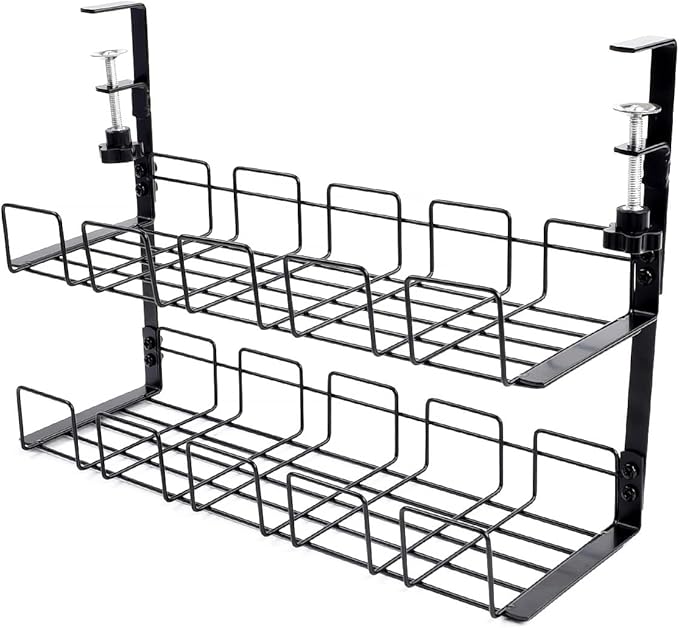 Metal Under Desk Cable Management Tray No Drill, 2-storey, Retractable Power Strip Holder with Clamps Tray with Desk Wire Management and Cord Organizer for Home Office (Black, 2L)