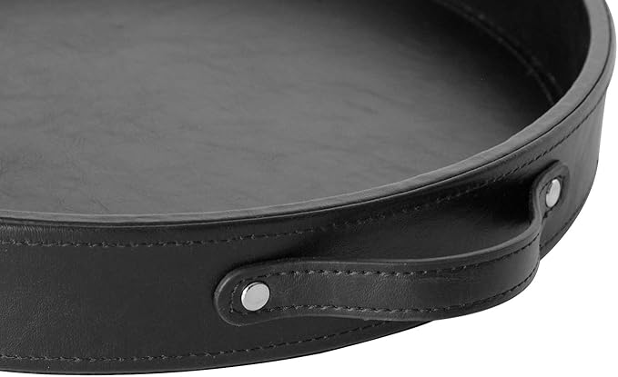 HofferRuffer PU Leather Round Serving Tray with Handles, Decorative Catchall Vanity Coffee Tray, Faux Leather Ottoman Tray for Home Or Office, Diameter 14.6-inch (Black)