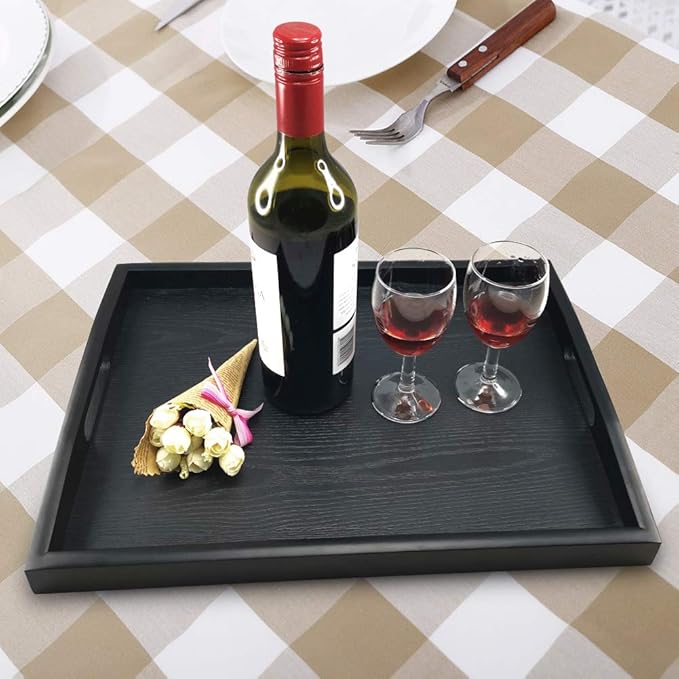 Rectangular Serving Breakfast Tray - Black Wood Tray Wooden Food Tray (Medium)