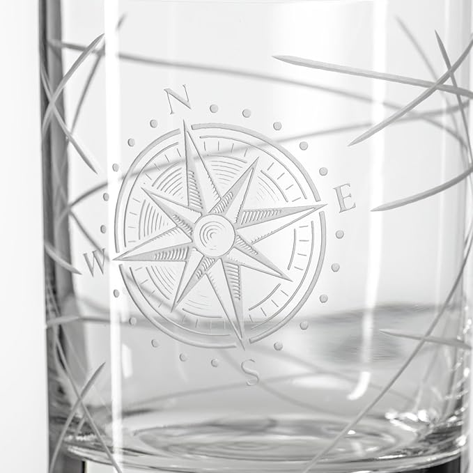 Rolf Glass Compass Star Longitude Double Old Fashioned Glass | 13oz Etched Whiskey Tumblers | Lead-Free Crystal Glasses | Made in the US | Nautical Etched Barware | Gift for Whiskey Lovers | Set of 2
