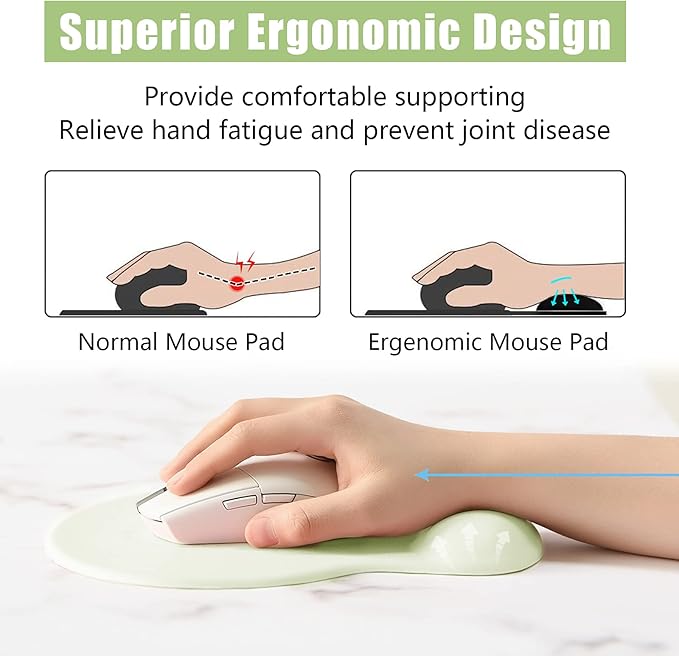 Hsurbtra Ergonomic Mouse Pad with Wrist Rest Support, Gel Mouse Pads with Non-Slip PU Base, Pain Relief Memory Foam Computer Mat, Cute Office Supplies Desk Decro Accessories, Lake Green