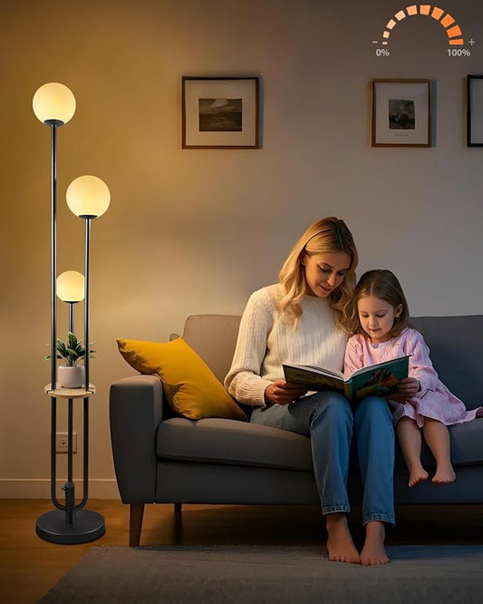 Lightdot 63IN Dimmable Black Floor Lamp with Shelf Mid Century Standing Lamps with 3000K Warm Bulbs with Candle Holder Style Modern Globe Floor Lamp for Living Room/Party