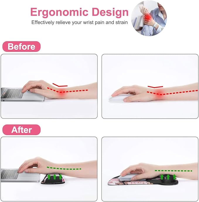 MOSISO Wrist Rest Support for Mouse Pad & Keyboard Set, Peony Ergonomic Mousepad Non-Slip Base Home/Office Pain Relief & Easy Typing Cushion with Neoprene Cloth & Raised Memory Foam, Black