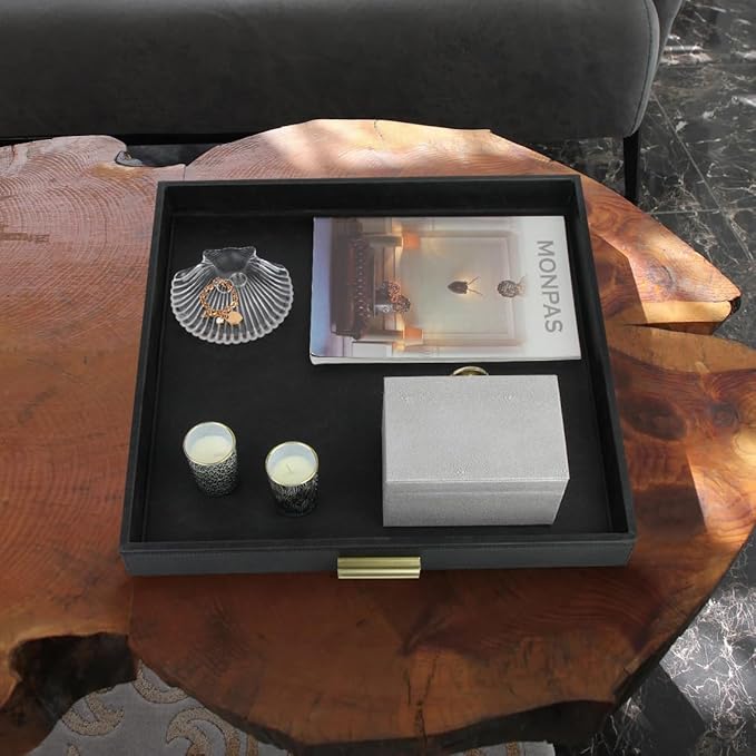 HofferRuffer Elegant Decorative Serving Tray, 20"x20" Square Faux Leather Ottoman Tray with Gold Hardware Handles, Coffee Table Serve Tea, Coffee or Breakfast (Black)