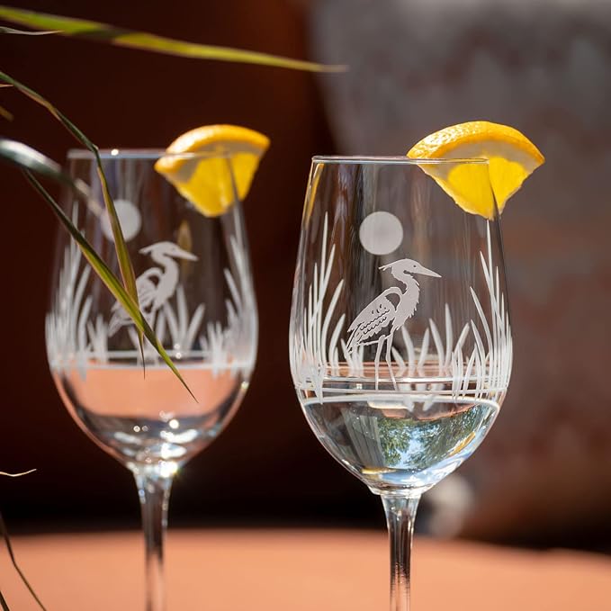 Rolf Glass Heron White Wine Glass | 12oz Stemmed Wine Glass | Lead-Free and Diamond-Wheel Etched | Proudly Made in the USA | Coastal Glassware | Set of 4