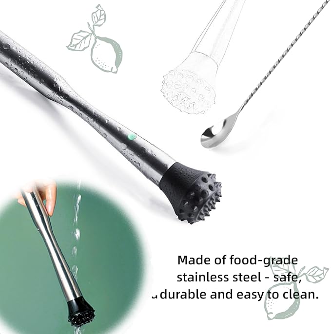 Muddler for Cocktails Stainless Steel, Muddlers Pestle with Stirring Spoon, Bartender Cocktail Shaker Bar Tool Set - Bar Spoon and Muddler