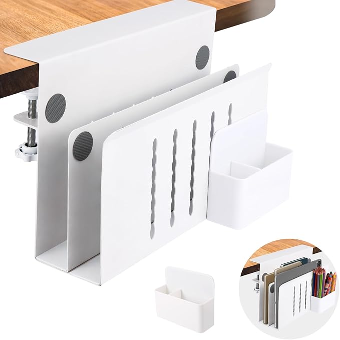 Desk Side Storage, 2 Tier Steel Hanging Organizer, No Drill Side Desk Organizer, Laptop Holder, with Pen Holder, For Office Supplies & Studio Essentials