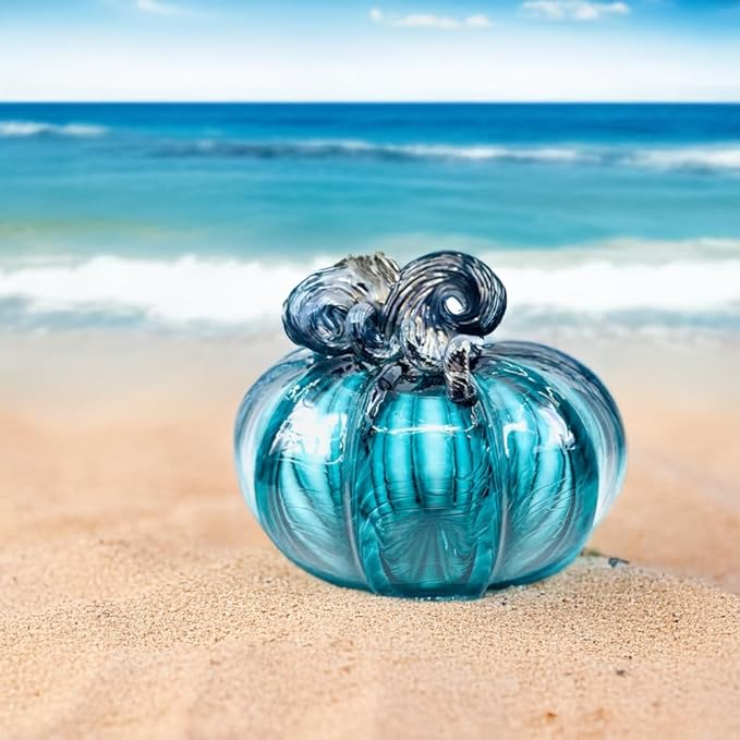 Luke Adams Glass Handmade Glass Pumpkins Handmade Table Top Home Decor (Squat, Lagoon)