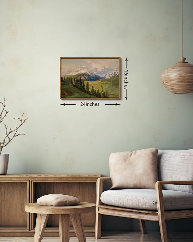 KISSFOX Vintage Framed Wall Art Alpine Valley Landscape Canvas Art Farmhouse Rustic Snow Mountain Paintings Artwork Natural Serene Countryside Cottagecore Art Prints For Bedroom Bathroom Living Room
