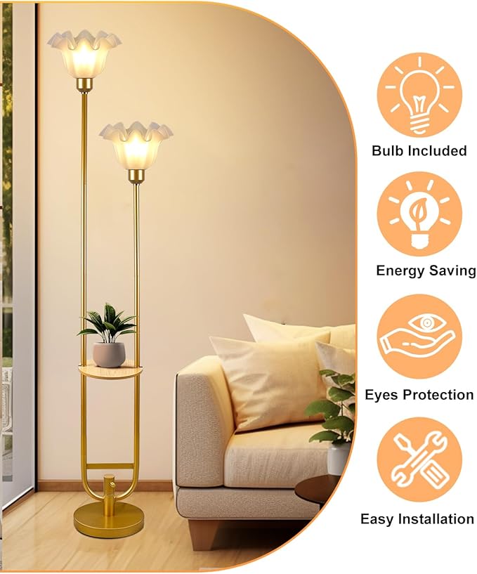 Lightdot Dimmable Flower Floor Lamp for Living Room, Modern Mid Century Floor Lamp with Table, Tall Standing Lamp for Bedroom & Home Decor- Gold