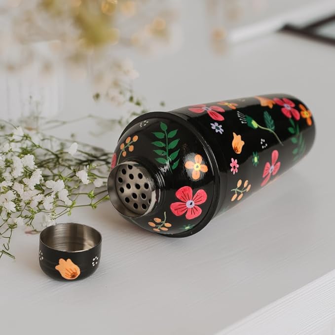 Artisanal Hand Painted Vintage Black 24 oz Cocktail Shaker – Stainless Steel Drink Mixer for Margaritas, Cocktails & Liquor – Floral Stylish Bartender Shaker Tool for Professionals & Home Bars