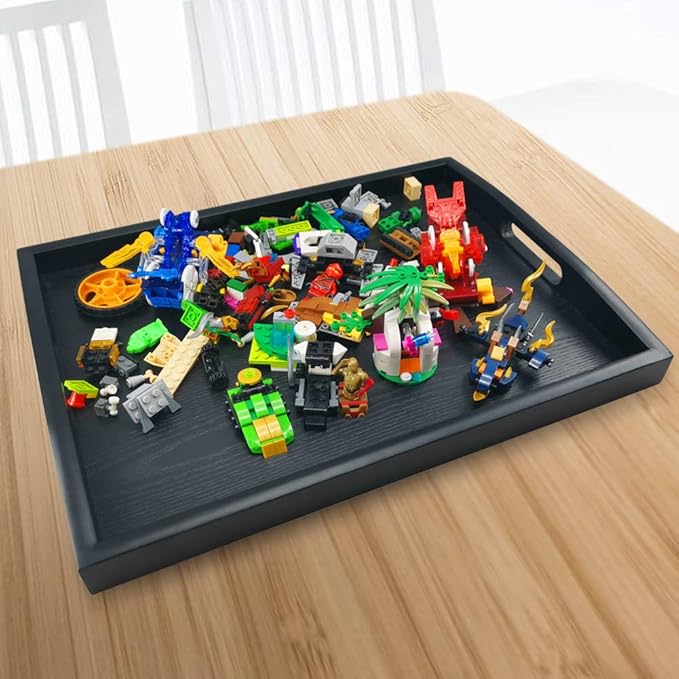 Rectangular Serving Breakfast Tray - Black Wood Tray Wooden Food Tray (Medium)