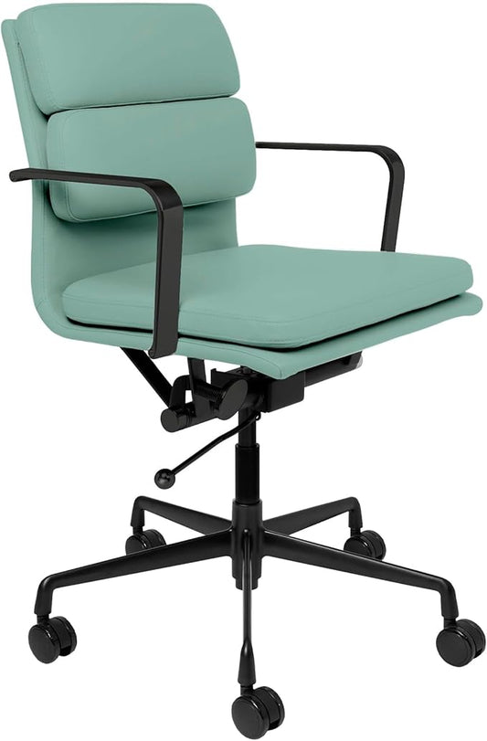 Laura Davidson Furniture SOHO II Padded Management Office Chair - Mid Back Desk Chair with Arm Rest, Swivel & Cushion Availability, Made of Faux Leather, Sage Green with Black Frame, Computer Chair