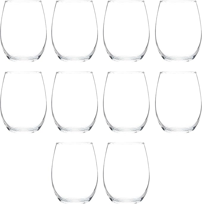 DISCOUNT PROMOS Stemless Wine Glass 9 oz. Set of 10, Bulk Pack - Great for Wedding Favors, Bachelorette Party and More - Clear Bottom Color