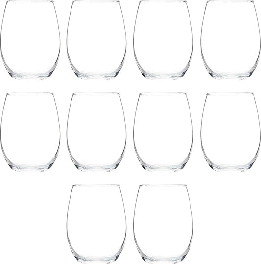DISCOUNT PROMOS Stemless Wine Glass 9 oz. Set of 10, Bulk Pack - Great for Wedding Favors, Bachelorette Party and More - Clear Bottom Color